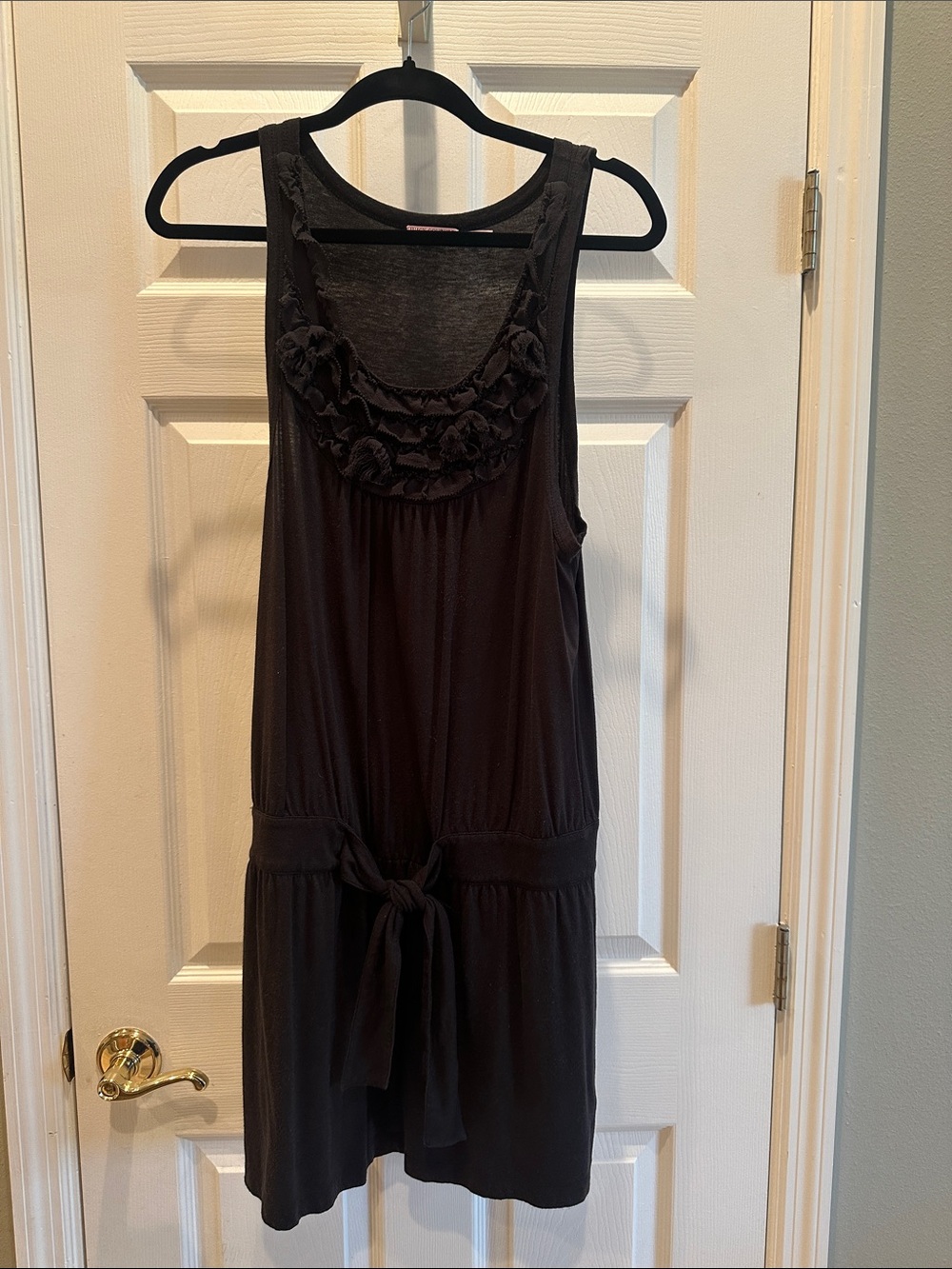 Juicy Couture Black Ruffled Scoop Neck Tie-Waist Mini Dress